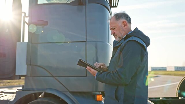 driver forwarder looks at the route on the tablet near the truck