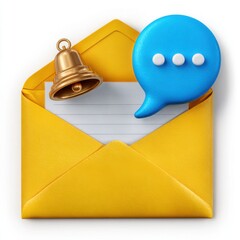 Bright yellow open envelope with a golden bell and blue speech bubble notification