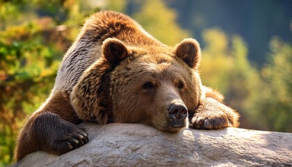 a syrian brown bear relaxes on a big rock while savoring a beautiful day in the zoo