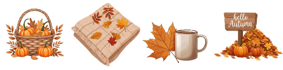 Set of isolated autumn elements including basket, mug, leaves, and sign, Leaf Raking, Cozy Fall Aesthetics  