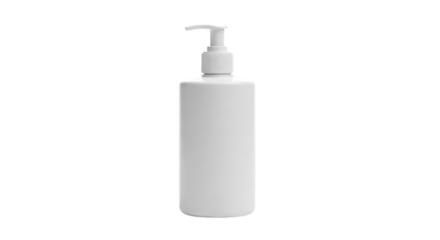 White plastic bottle with pump isolated on transparent background, ideal for liquid soap, lotion, cream, shampoo, or sanitizer, offering a clean and hygienic solution for personal care