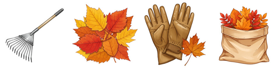 Set of isolated gardening tools and autumn leaves in warm colors, Leaf Raking, Classic Leaf Raking Essentials   