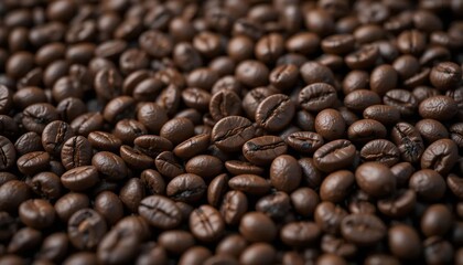 Fototapeta premium Close-up texture of roasted coffee beans, full frame, macro photography, sharp lighting, deep brown tones.