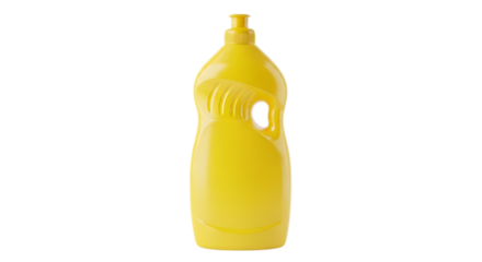 Yellow plastic bottle of dish soap isolated on transparent background, designed for efficient and effective cleaning of dishes and kitchenware, ensuring a spotless and hygienic home