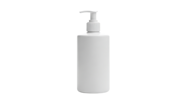 White plastic bottle with pump isolated on transparent background, ideal for liquid soap, lotion, cream, shampoo, or sanitizer, offering a clean and hygienic solution for personal care