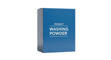 A blue box of washing powder isolated on transparent background, perfect for laundry detergent packaging and branding mockups, showcasing a clean and modern design