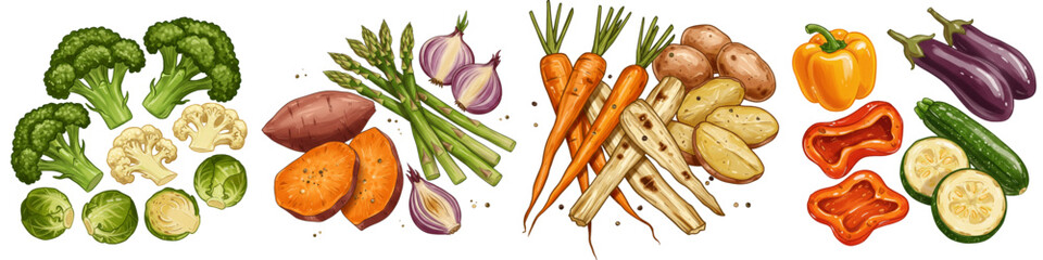 Set of isolated grilled vegetables including broccoli, carrots, and peppers  