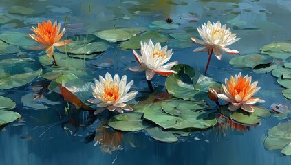 Serene pond with water lilies, summer sunlight, tranquil background, peaceful nature scene, ideal for relaxation