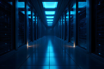 Modern data center with illuminated server racks and glowing blue lights.