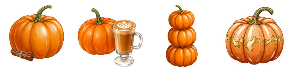 Set of isolated pumpkins and drink for autumn celebration, Pumpkin Picking  