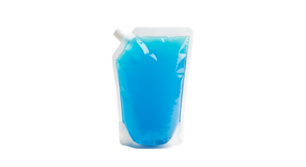A clear plastic pouch with blue liquid isolated on transparent background, ideal for showcasing beverage packaging designs and mockups, highlighting the products clarity