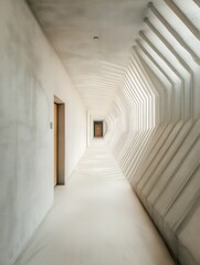 Textured walls create a striking visual flow down this residential hallway, highlighting the interplay of light and shadow in a minimalist design, inviting exploration and contemplation