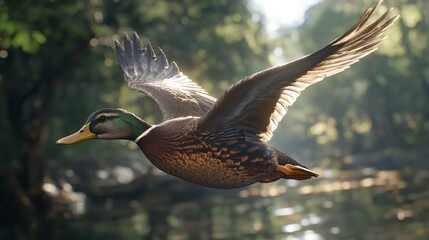 A mallard duck soaring gracefully through the air with a backdrop of lush green foliage and water