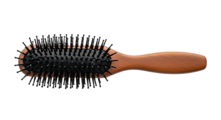 Wooden hair brush with black bristles isolated on transparent background, a beauty and grooming tool for salon and personal care, perfect for styling and massage, with a natural and elegant design