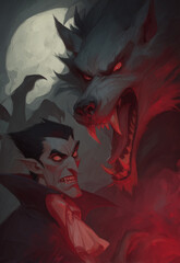 Cartoon illustration vampire in the night and a werewolf