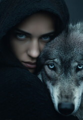 portrait of a young woman with a wolf