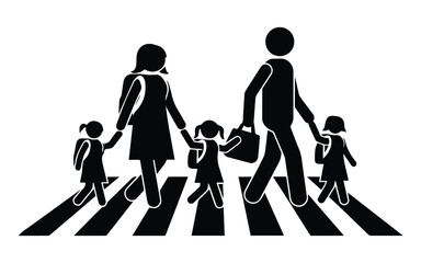Family with Children Crossing a Zebra Crossing, Representing Safety and Togetherness – Vector Illustration