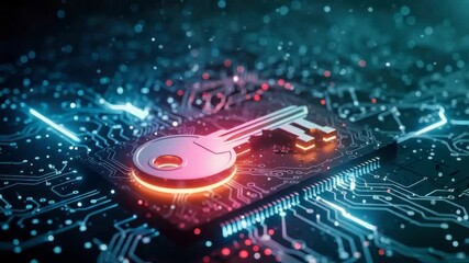 A glowing key symbolizing digital security and encryption set against a backdrop of intricate circuit patterns representing technology and innovation in cybersecurity - Powered by Adobe