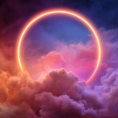 Vibrant neon ring illuminates dreamy cloudscape with cosmic hues