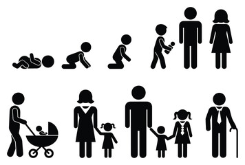 Stick Figure Illustration of Human Life Cycle from Baby to Elderly with Family Stages – Vector Design