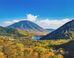 秋の男体山と湯の湖　ダケカンバとカラマツの黄葉