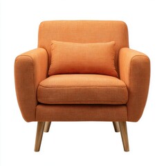 Comfortable textured orange armchair with accent pillow and wooden legs