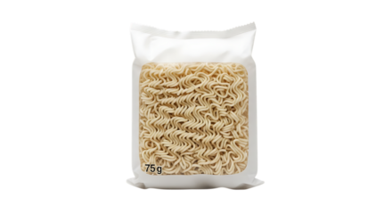 A square package of dry, uncooked instant ramen noodles isolated on transparent background, a fast and convenient asian food for a quick meal or snack