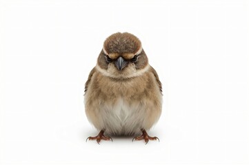 Fototapeta premium Studio shot of fluffy baby sparrow, white background, wildlife photography, website design