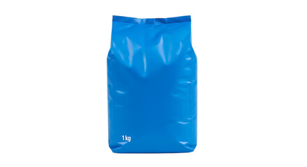 Fototapeta premium Blue plastic bag package isolated on transparent background, a blank mockup for food product packaging, perfect for branding and advertising your consumer goods in retail