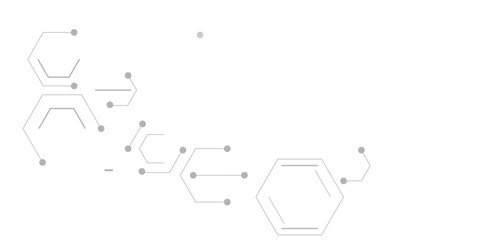 Minimalistic tech background with thin gray hexagonal outlines and dotted connection nodes, creating a futuristic digital network or molecular structure on a clean white backdrop.
