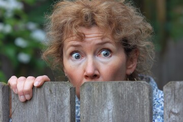 Curious Woman Peeking Over Fence: Shocked Expression of Surprise and Intrigue