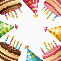 playful vector illustration of party hats and birthday cake slices clustered around edges for festive celebration design on transparent srgb background