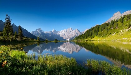 majestic mountain landscape with serene lake reflecting clear blue sky and lush greenery during a quiet afternoon