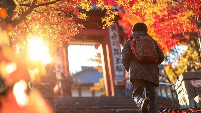 Confident student entering school doors with momentum under deep red foliage in warm ambient light. Autumn