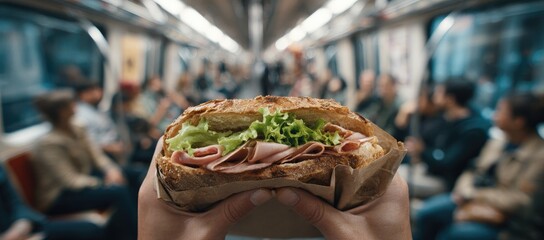 Subway commuter enjoys sandwich during travel