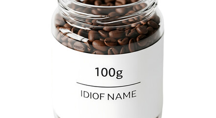 Glass jar filled with coffee beans isolated on transparent background, perfect for showcasing product packaging and branding, ideal for coffee shops and retail environments