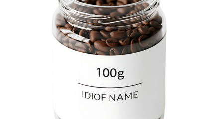 Glass jar filled with coffee beans isolated on transparent background, perfect for showcasing product packaging and branding, ideal for coffee shops and retail environments
