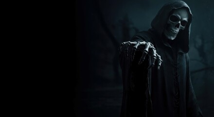 Scary death figure with skeletal hand reaching outward in dark scene