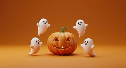 Playful Halloween ghosts and a smiling pumpkin set against bright orange backdrop