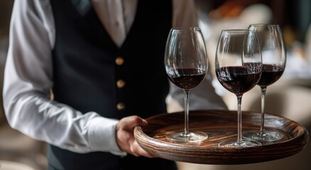 Waiter holding tray with red wine glasses in restaurant