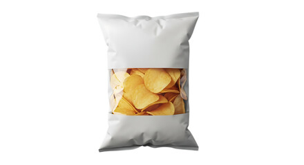 A white bag of potato chips with a transparent window, isolated on transparent background, showcasing the golden, crispy snack inside, perfect for satisfying cravings