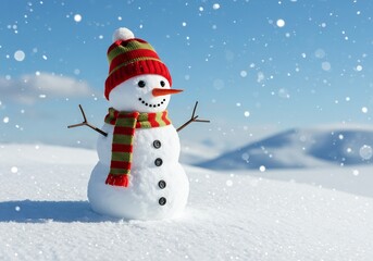 雪景色に立つ笑顔の雪だるま 陽気に微笑む愛らしい姿