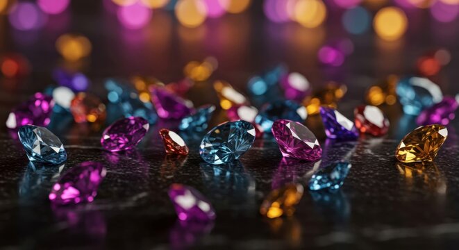 Various sparkling gems rest on reflective table with colorful blurred lights in background