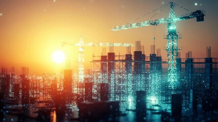 A vibrant sunset casts an orange glow over a bustling construction site where towering cranes and scaffolding are silhouetted against the skyline symbolizing urban development and progress - Powered by Adobe