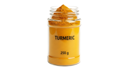 A jar of turmeric powder isolated on transparent background, a vibrant yellow spice used in cooking and traditional medicine, with a label indicating the weight of the product