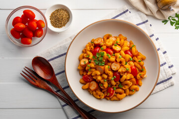Stir Fried elbow Macaroni with hot dog sausage and fresh tomatoes in white plate.Top view.