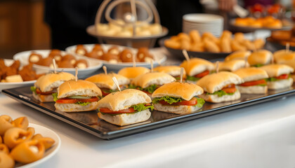 Delicious mini-burgers and assorted appetizers: catering food platter.