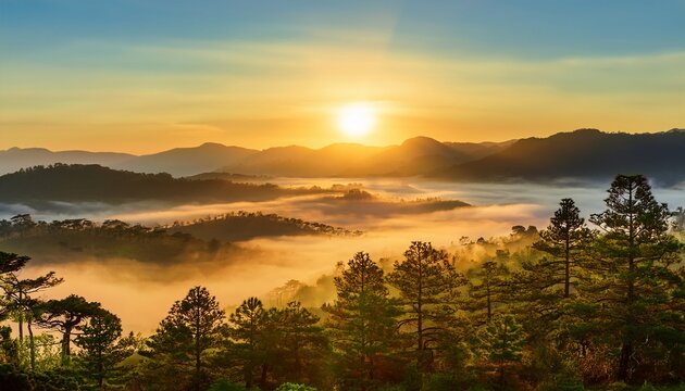 sun rising over misty dalat mountains illuminating rolling hills pine forests and distant valleys shrouded in fog