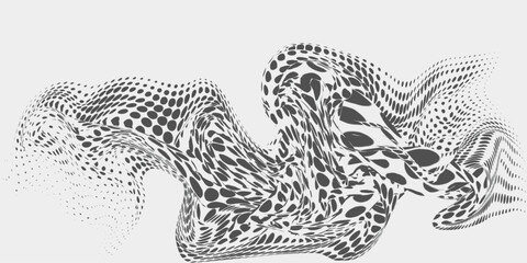 Flowing dots particles wave pattern halftone gradient curve shape isolated on white background. Vector in concept of technology, science, music, modern.