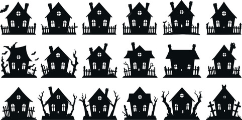 Halloween Haunted House Silhouette Set – Spooky Black Vector Collection of Haunted Buildings